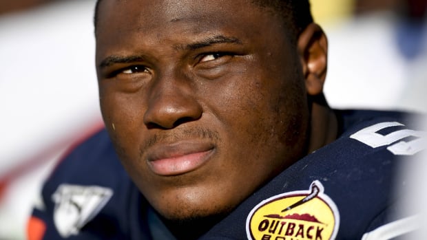 Jan 1, 2020; Tampa, Florida, USA; Auburn Tigers defensive tackle Derrick Brown (5) looks on during the third quarter against the Minnesota Golden Gophers at Raymond James Stadium.